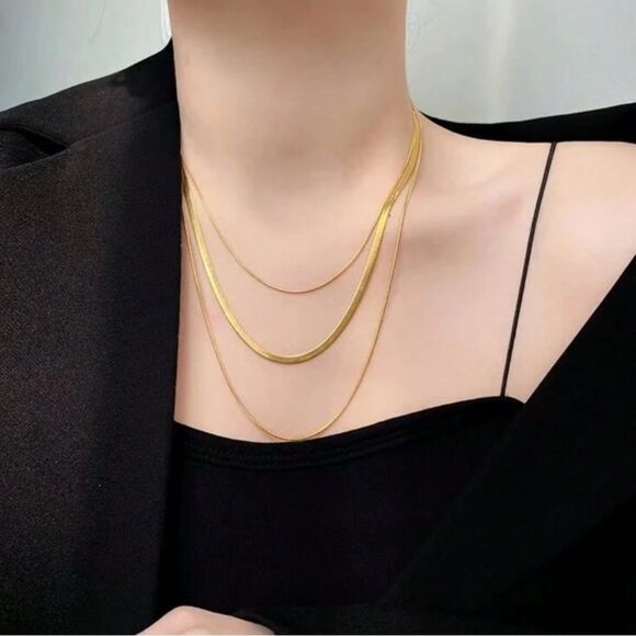 Gold Plated Stainless Steel 3pc Herringbone Necklace Set - Picture 2 of 3